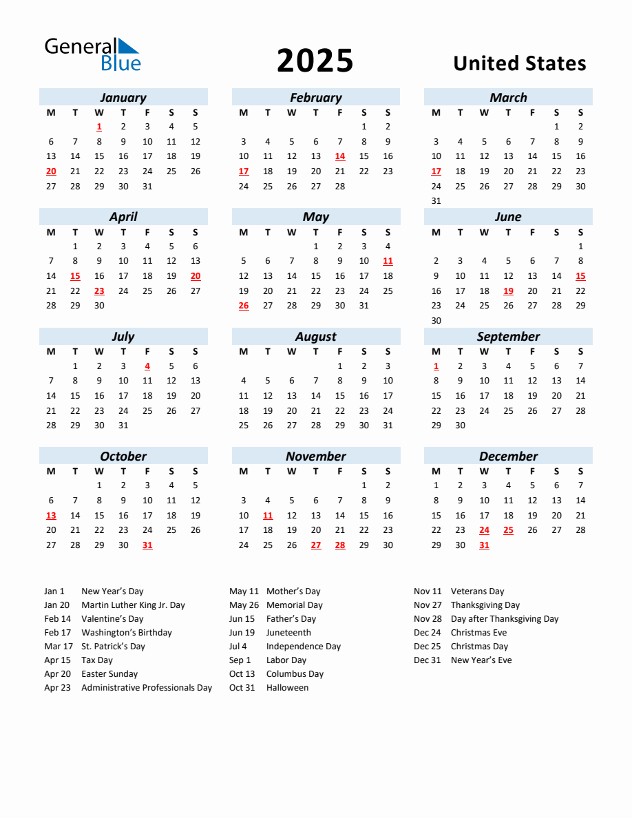 2025 Yearly Calendar for United States with Holidays