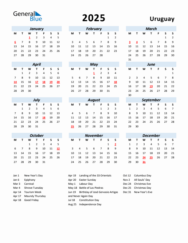 2025 Calendar for Uruguay with Holidays