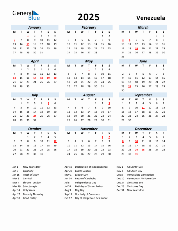 2025 Calendar for Venezuela with Holidays