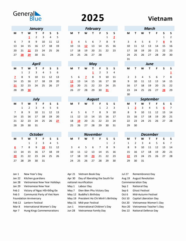 2025 Calendar for Vietnam with Holidays