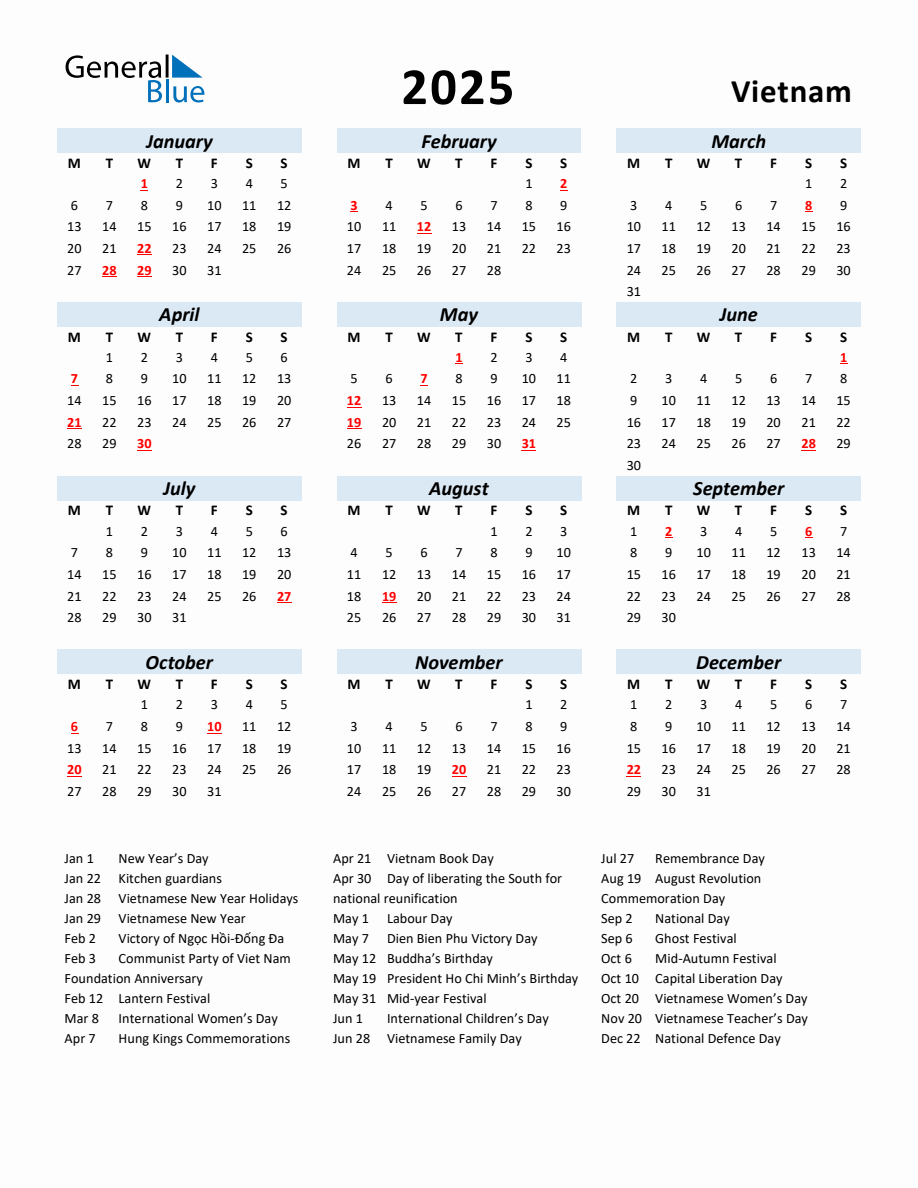 2025 Yearly Calendar for Vietnam with Holidays