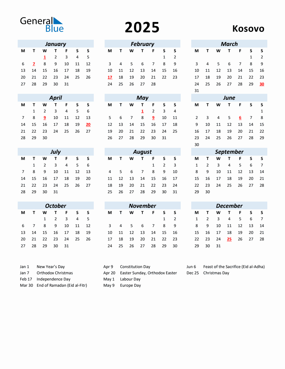 2025 Yearly Calendar for Kosovo with Holidays