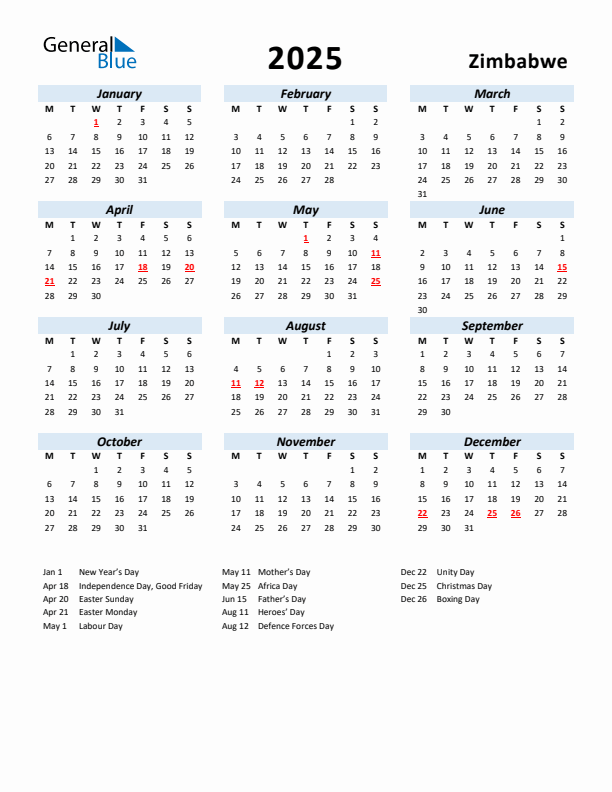 2025 Zimbabwe Calendar with Holidays