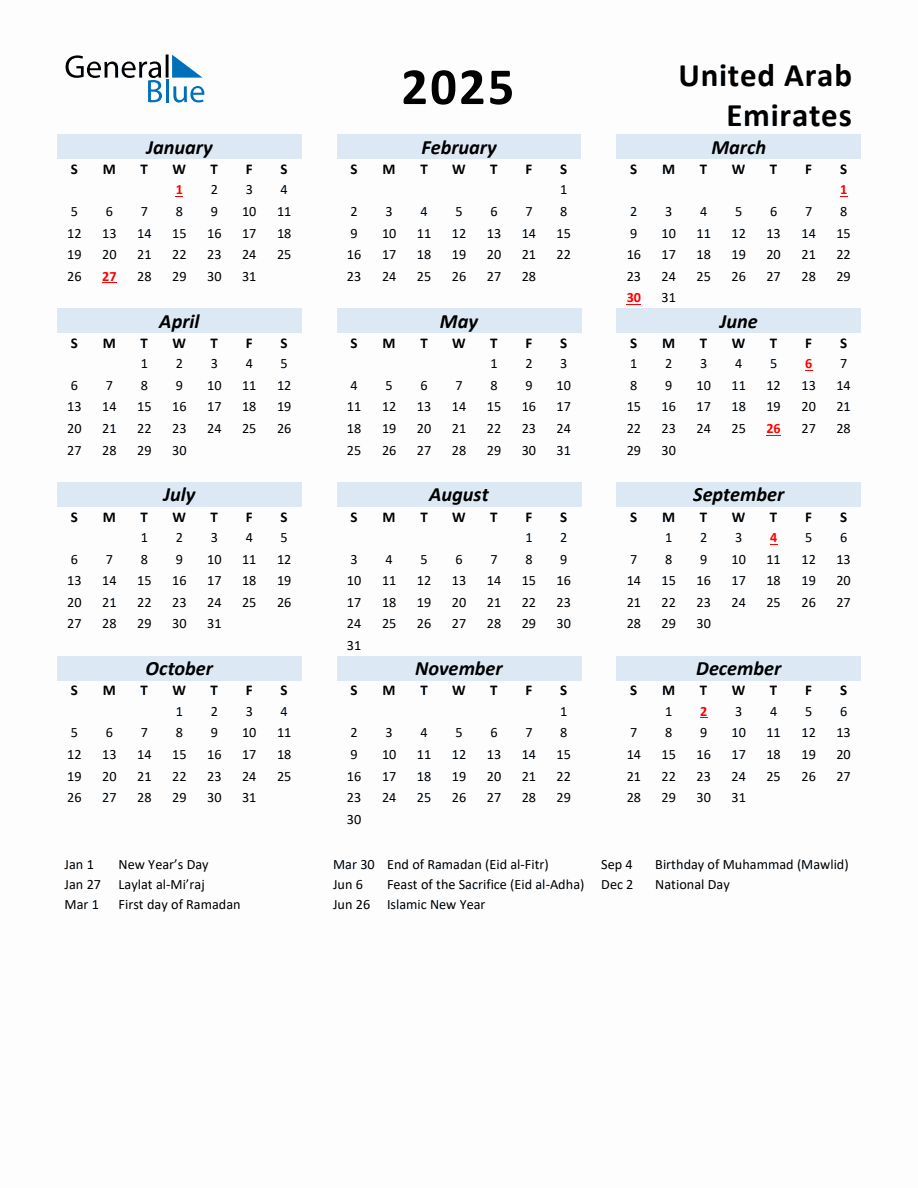 2025 Yearly Calendar for United Arab Emirates with Holidays