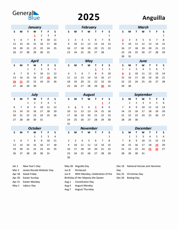 2025 Calendar for Anguilla with Holidays