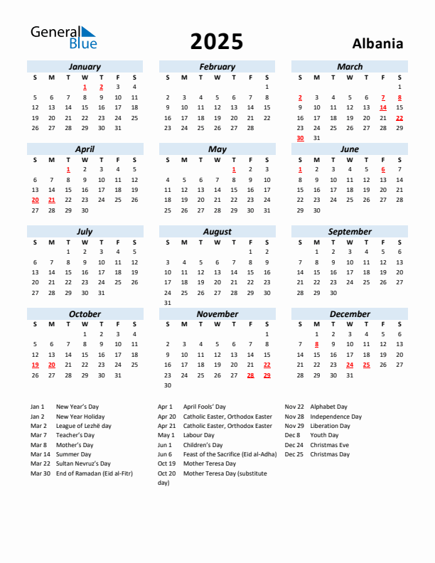 2025 Calendar for Albania with Holidays