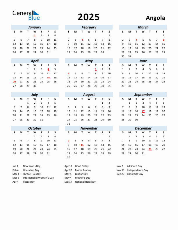 2025 Calendar for Angola with Holidays