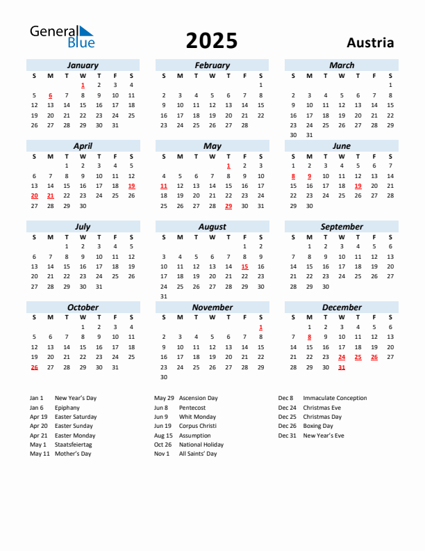 2025 Calendar for Austria with Holidays