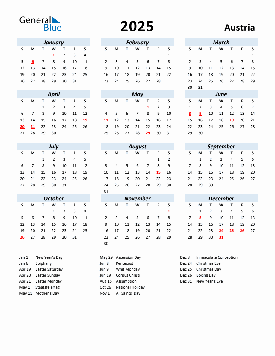 2025 Yearly Calendar for Austria with Holidays