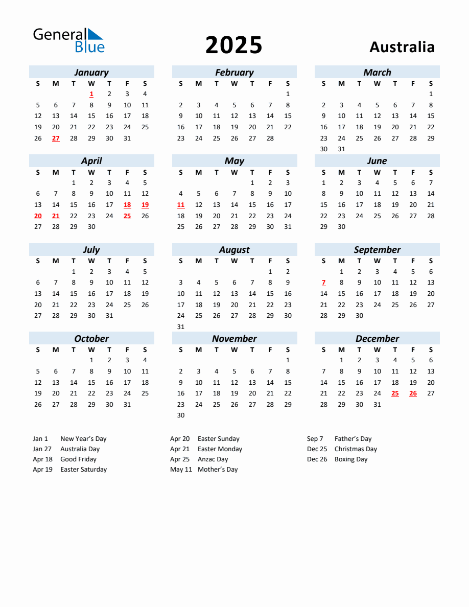 2025 Yearly Calendar for Australia with Holidays