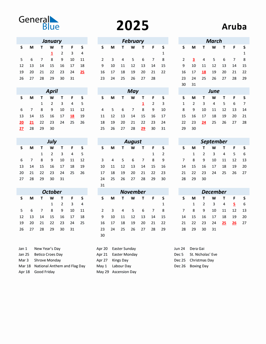 2025 Yearly Calendar for Aruba with Holidays