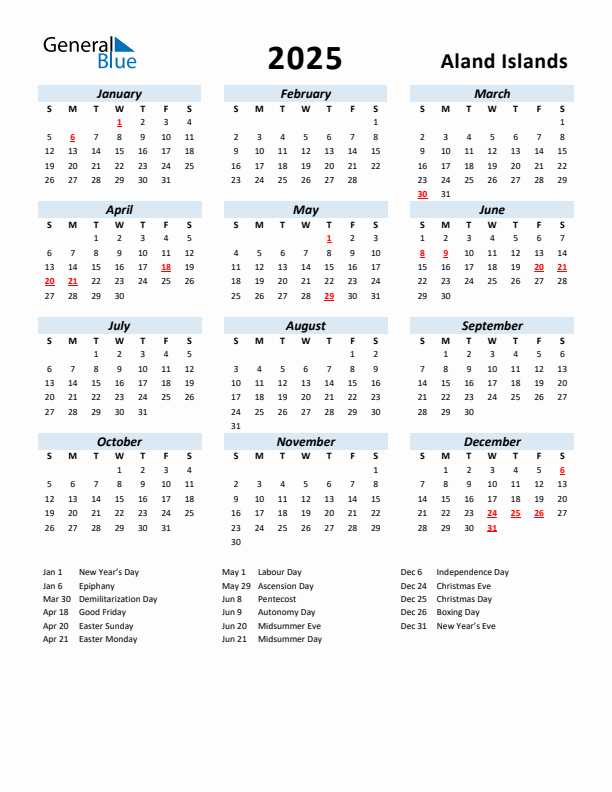 2025 Calendar for Aland Islands with Holidays