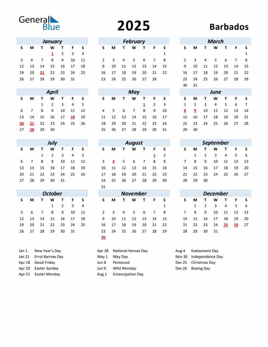 2025 Yearly Calendar for Barbados with Holidays