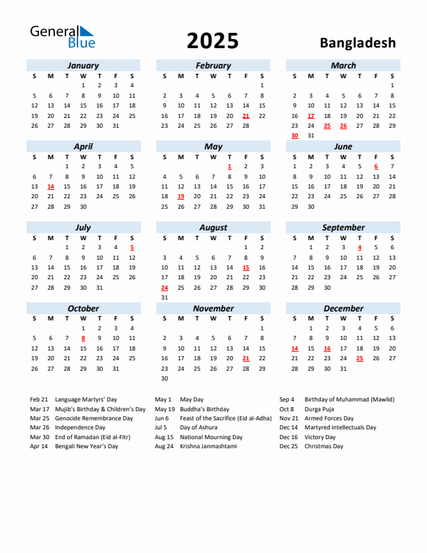 2025 Calendar for Bangladesh with Holidays