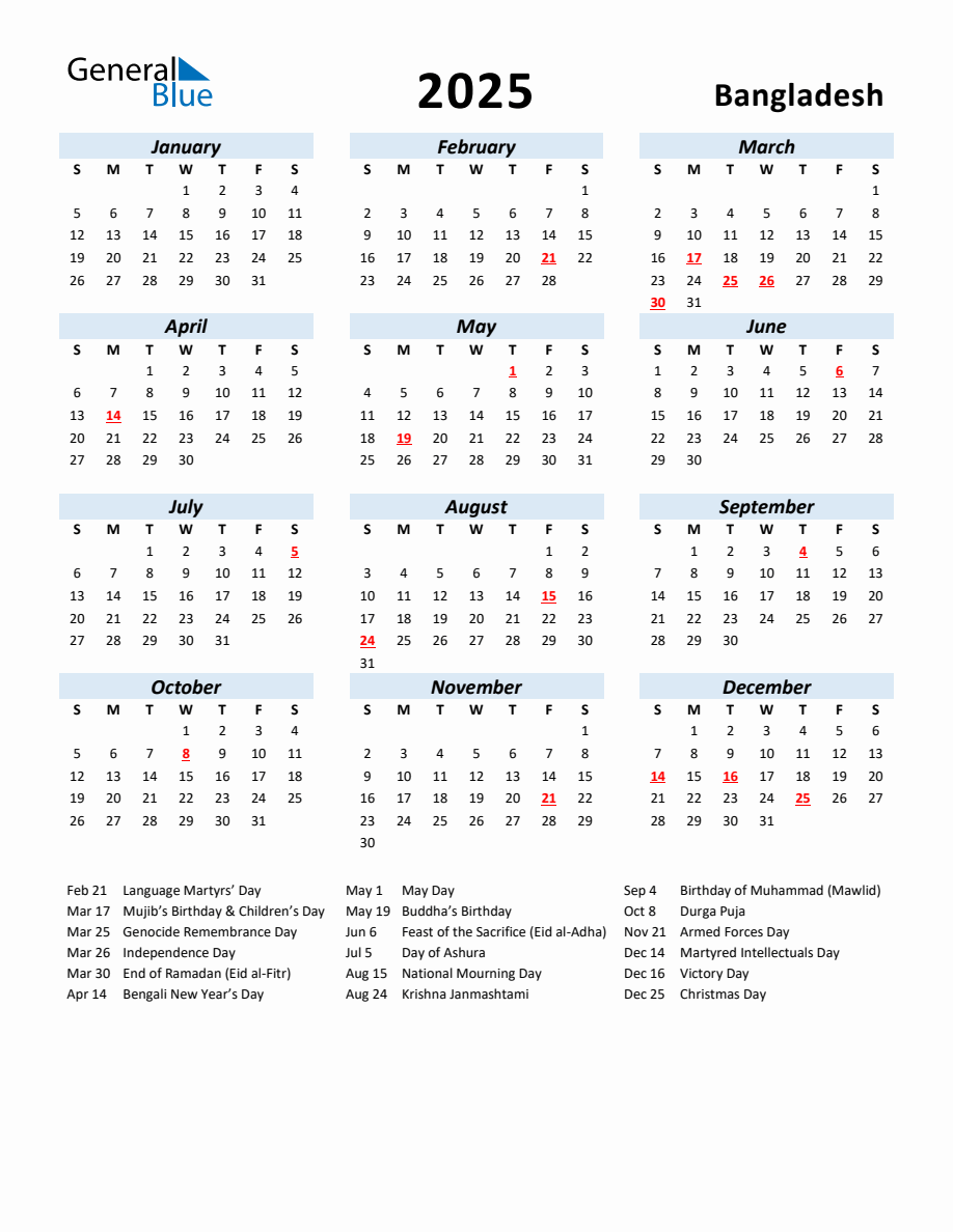 2025 Yearly Calendar for Bangladesh with Holidays