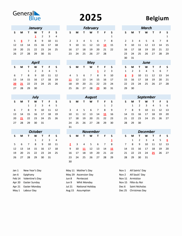2025 Calendar for Belgium with Holidays