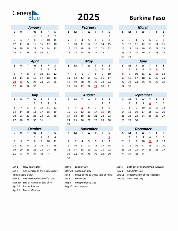 2025 Calendar for Burkina Faso with Holidays