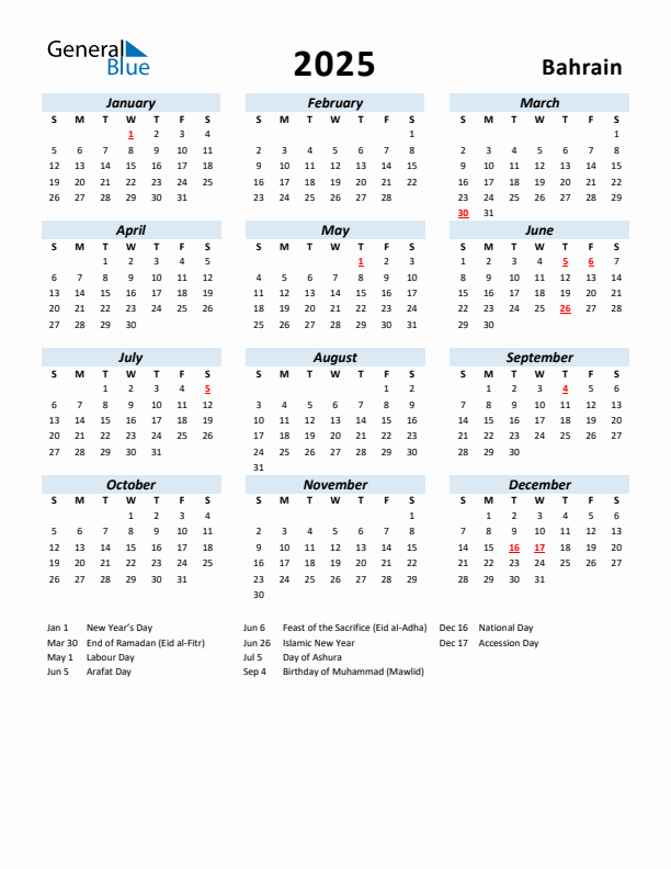 2025 Calendar for Bahrain with Holidays
