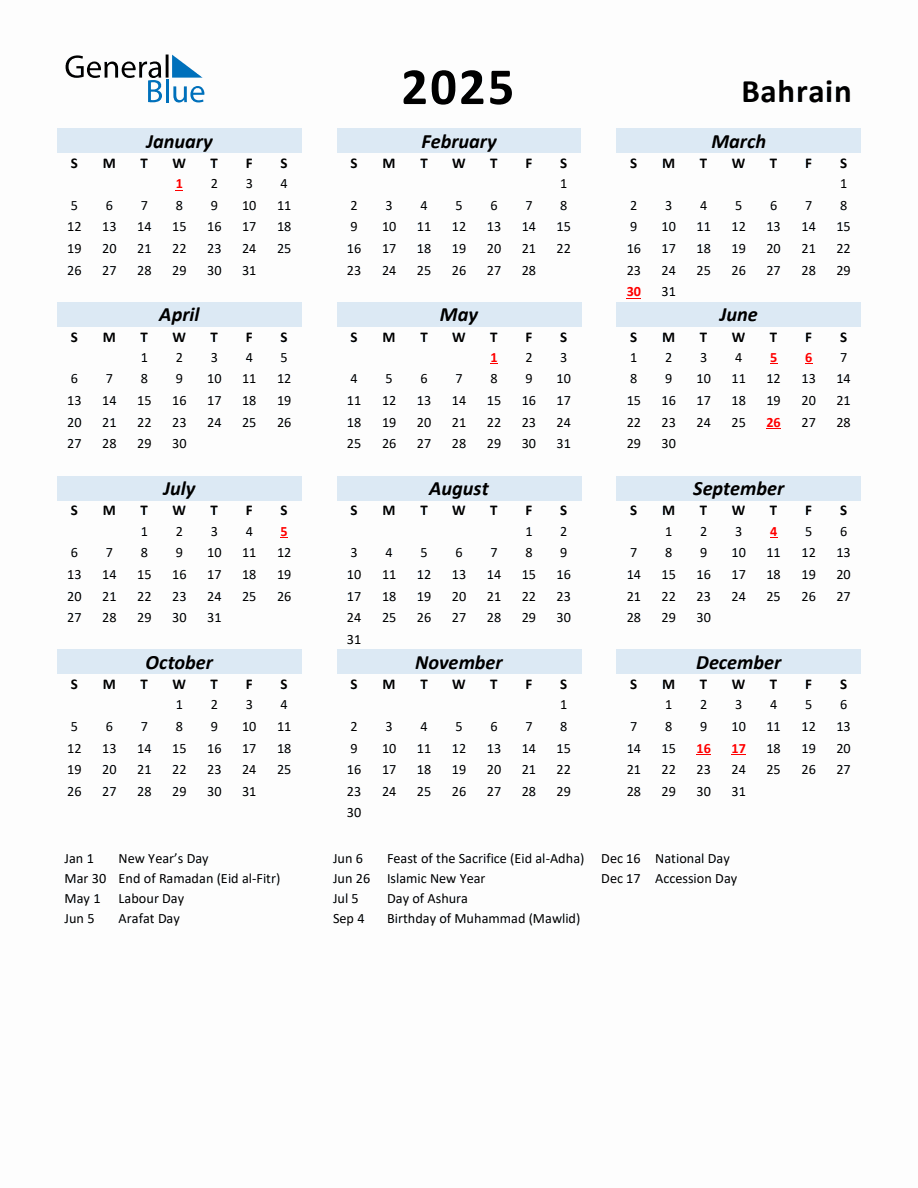 2025 Yearly Calendar for Bahrain with Holidays