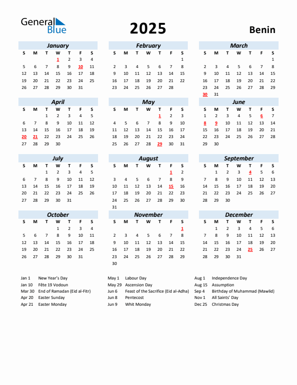 2025 Calendar for Benin with Holidays