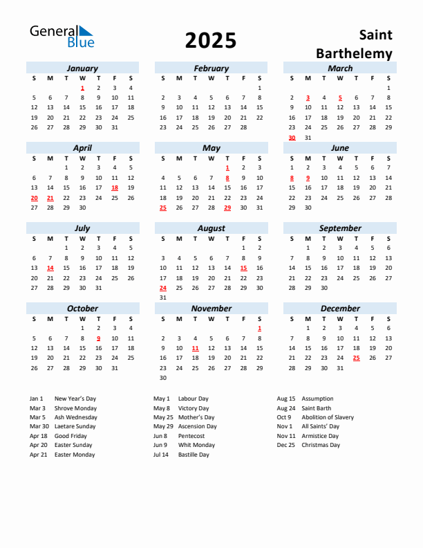 2025 Calendar for Saint Barthelemy with Holidays