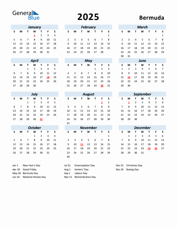 2025 Calendar for Bermuda with Holidays