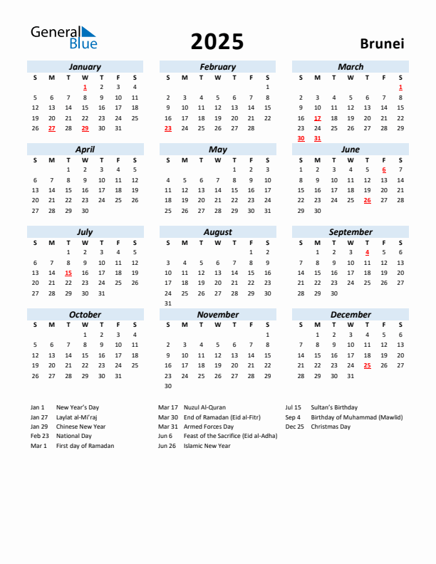 2025 Calendar for Brunei with Holidays