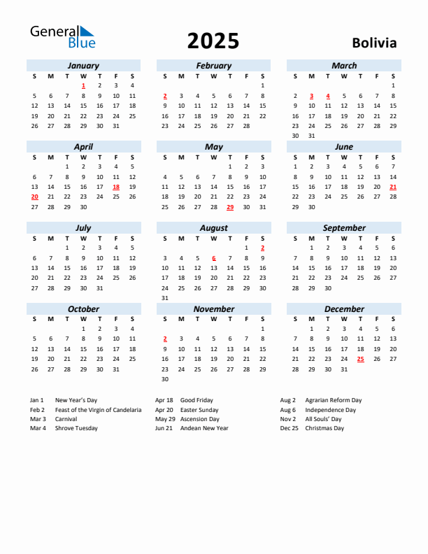 2025 Calendar for Bolivia with Holidays