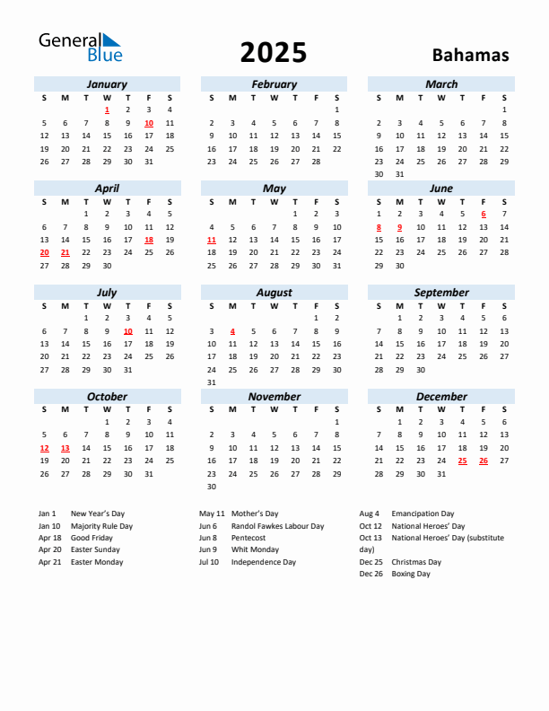 2025 Yearly Calendar for Bahamas with Holidays