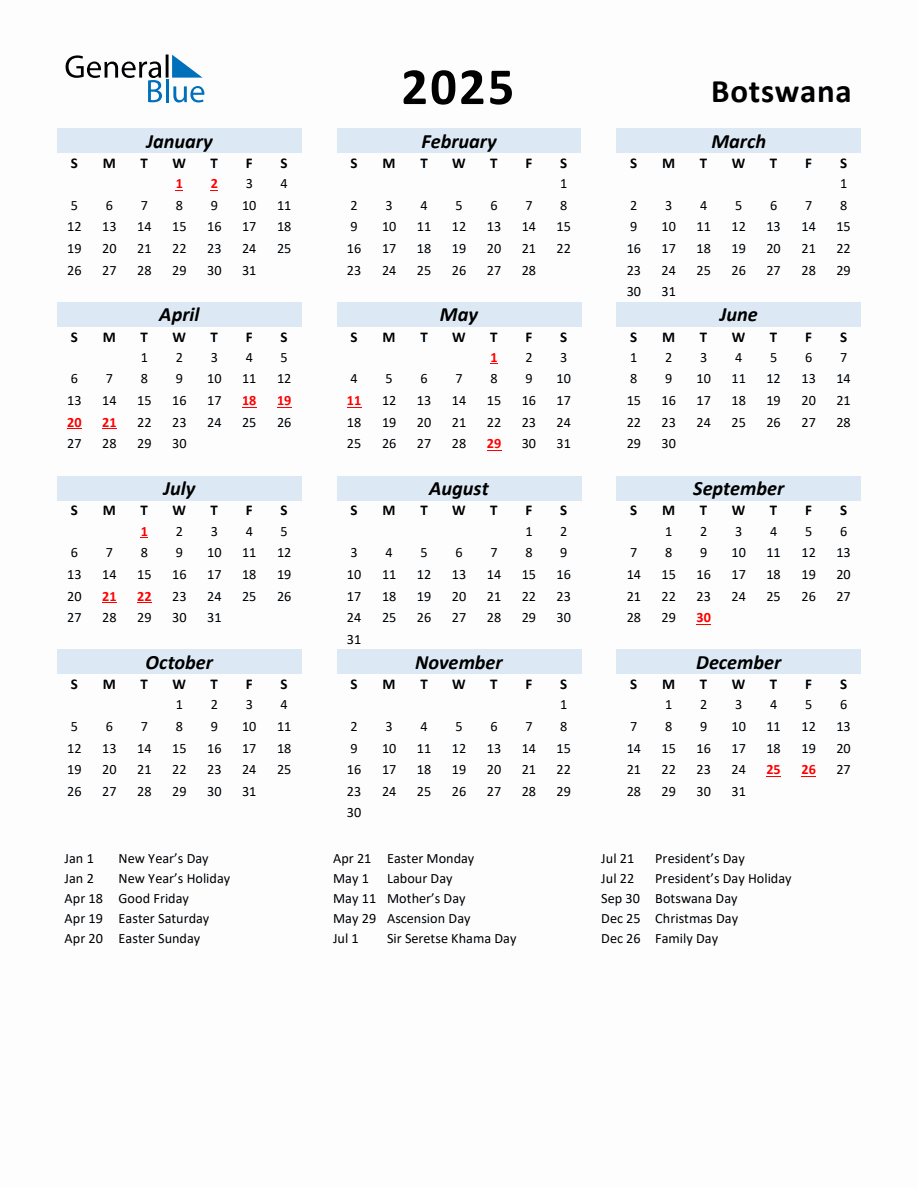 2025 Yearly Calendar for Botswana with Holidays