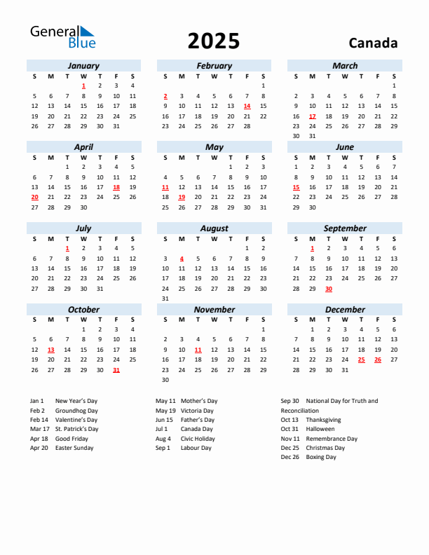 2025 Calendar for Canada with Holidays