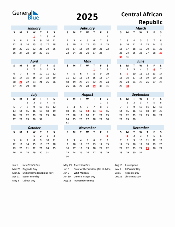 2025 Calendar for Central African Republic with Holidays