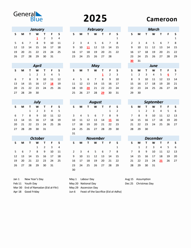 2025 Calendar for Cameroon with Holidays