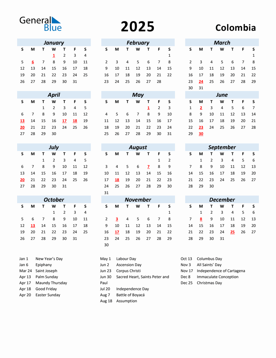 2025 Yearly Calendar for Colombia with Holidays