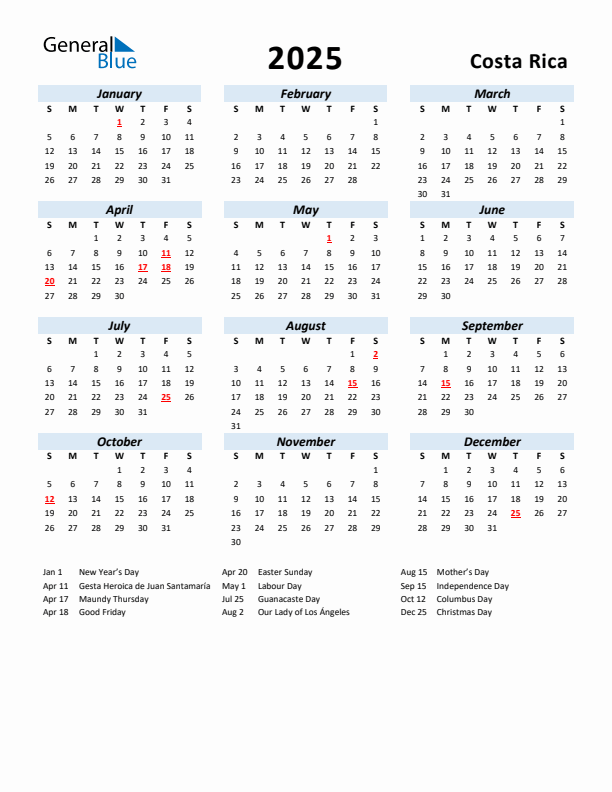 2025 Calendar for Costa Rica with Holidays