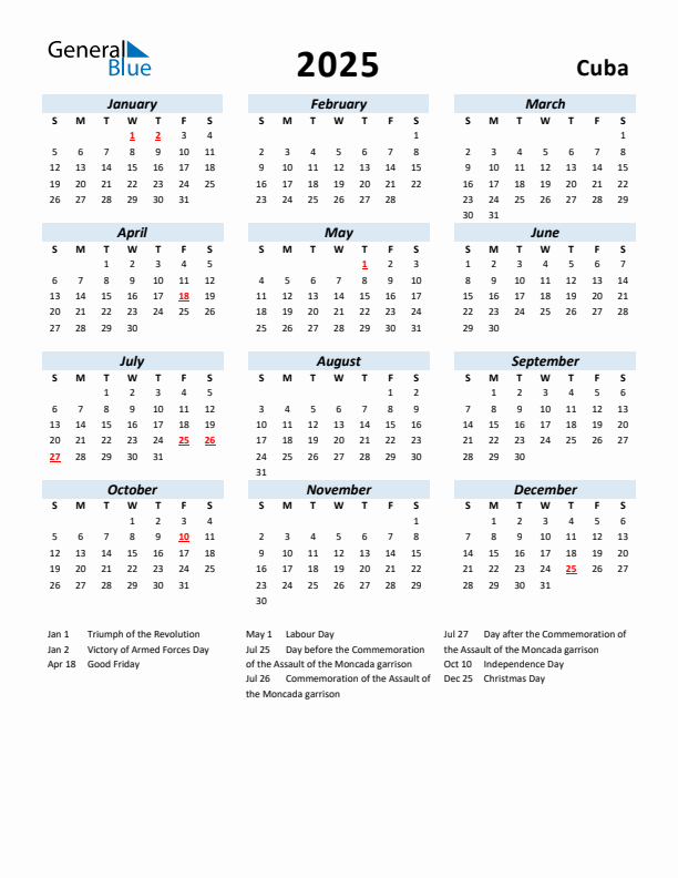 2025 Calendar for Cuba with Holidays