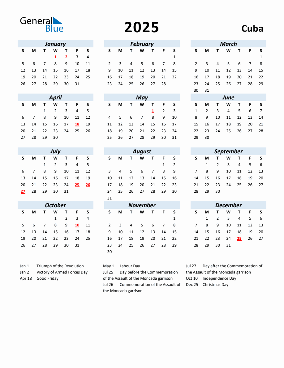 2025 Yearly Calendar for Cuba with Holidays