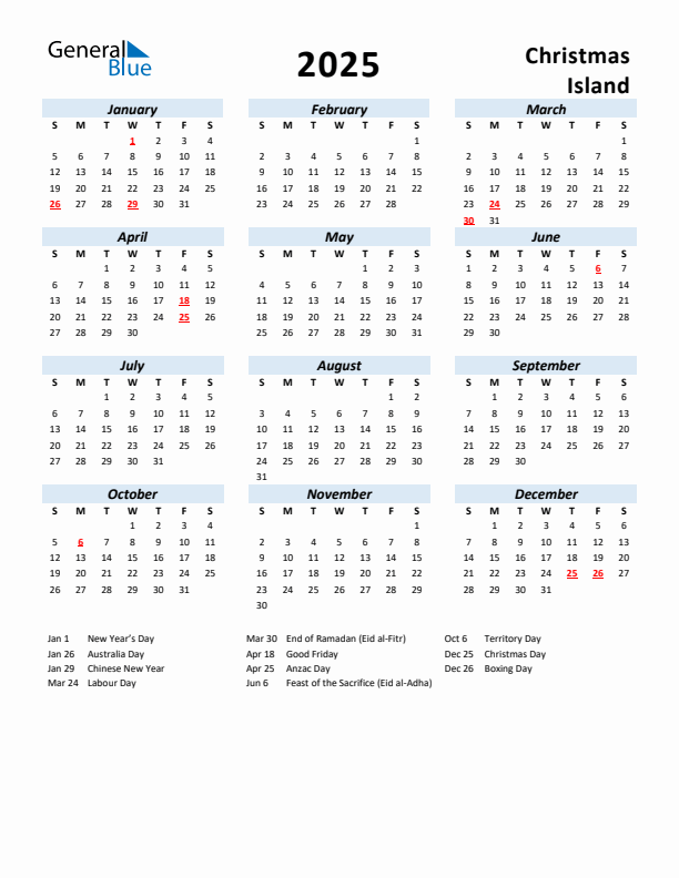 2025 Calendar for Christmas Island with Holidays