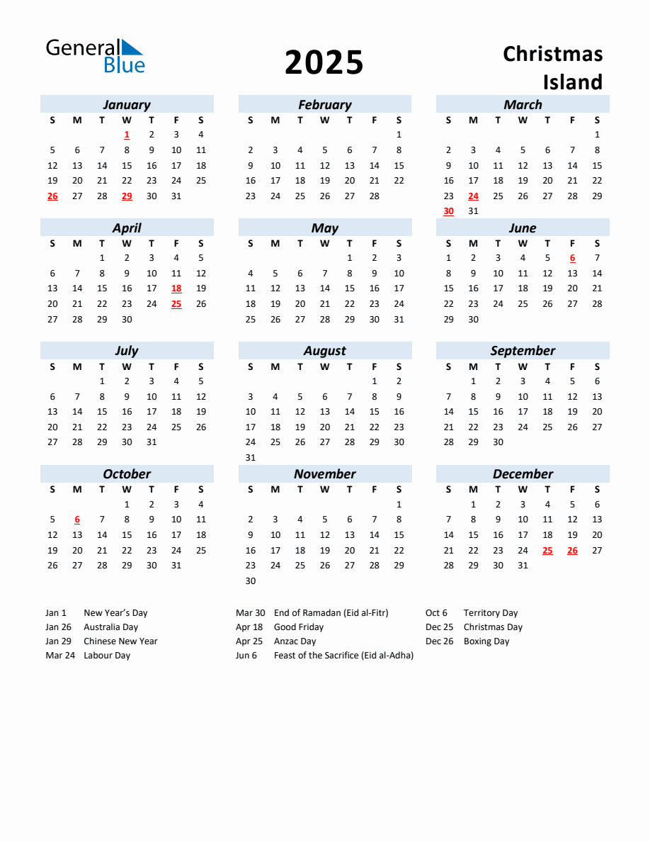 2025 Yearly Calendar for Christmas Island with Holidays