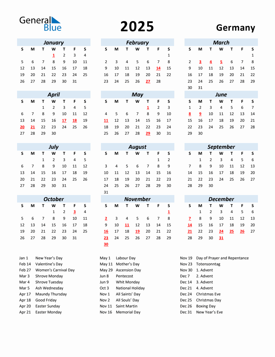 German 2025 Calendar