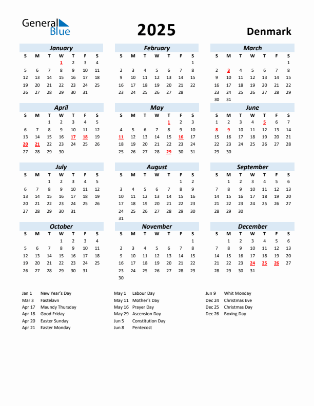 2025 Calendar for Denmark with Holidays
