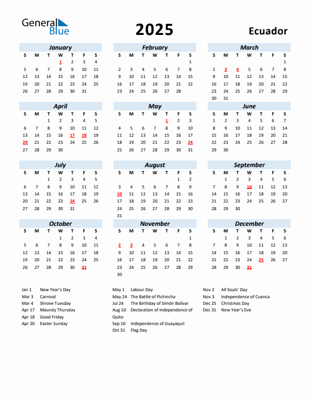 2025 Calendar for Ecuador with Holidays