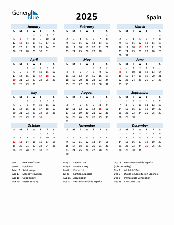 2025 Calendar for Spain with Holidays