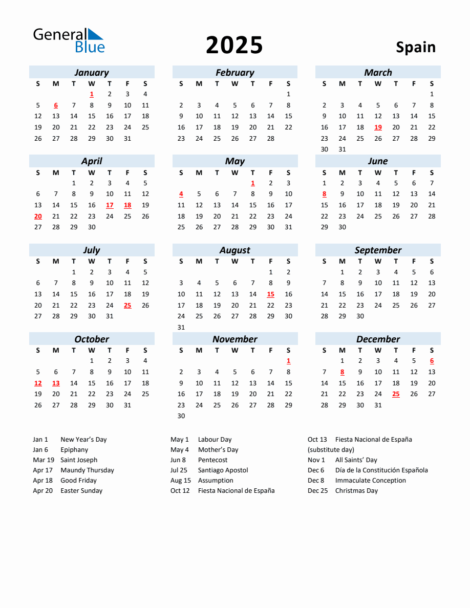 2025 Yearly Calendar for Spain with Holidays