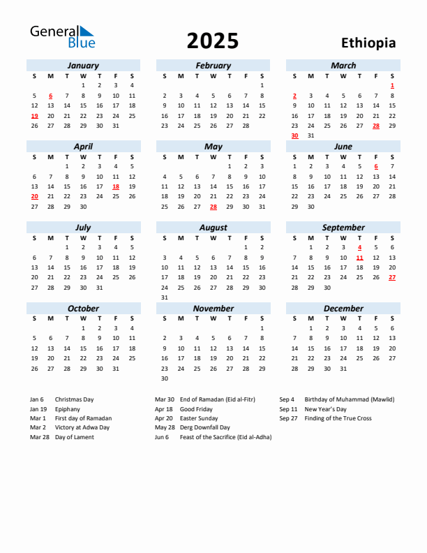 2025 Calendar for Ethiopia with Holidays