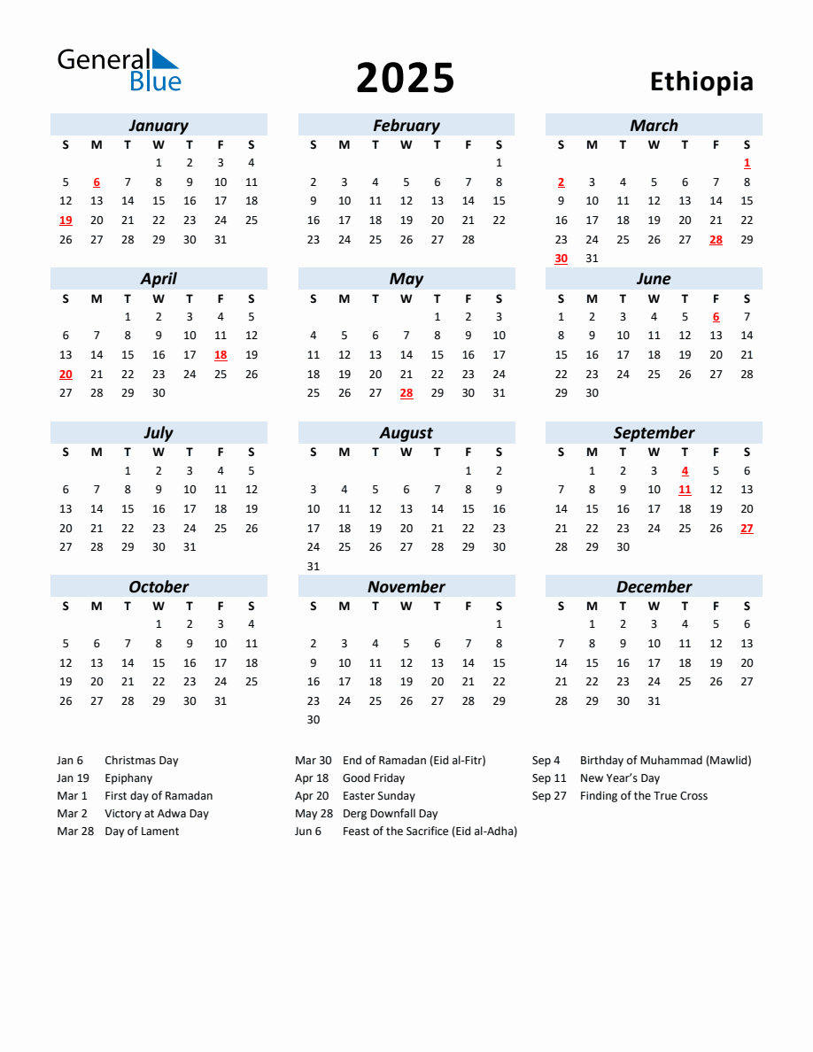 2025 Yearly Calendar for Ethiopia with Holidays