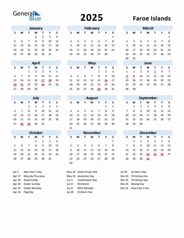 2025 Calendar for Faroe Islands with Holidays