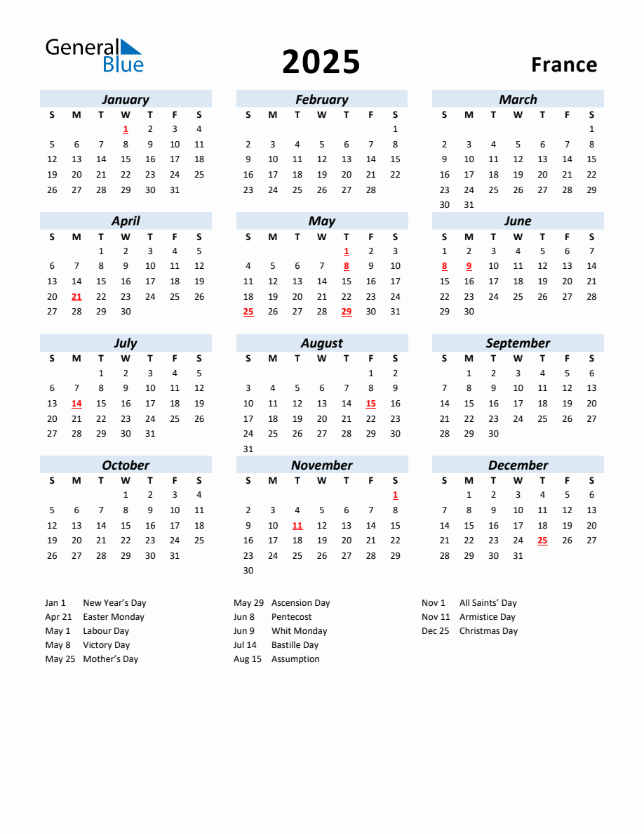 2025 Yearly Calendar for France with Holidays