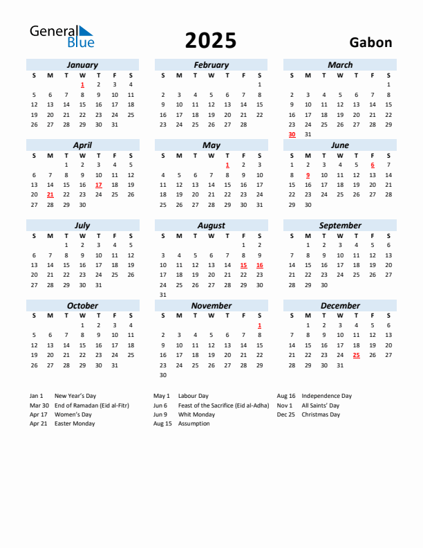 2025 Calendar for Gabon with Holidays