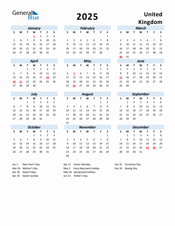 2025 Calendar for United Kingdom with Holidays